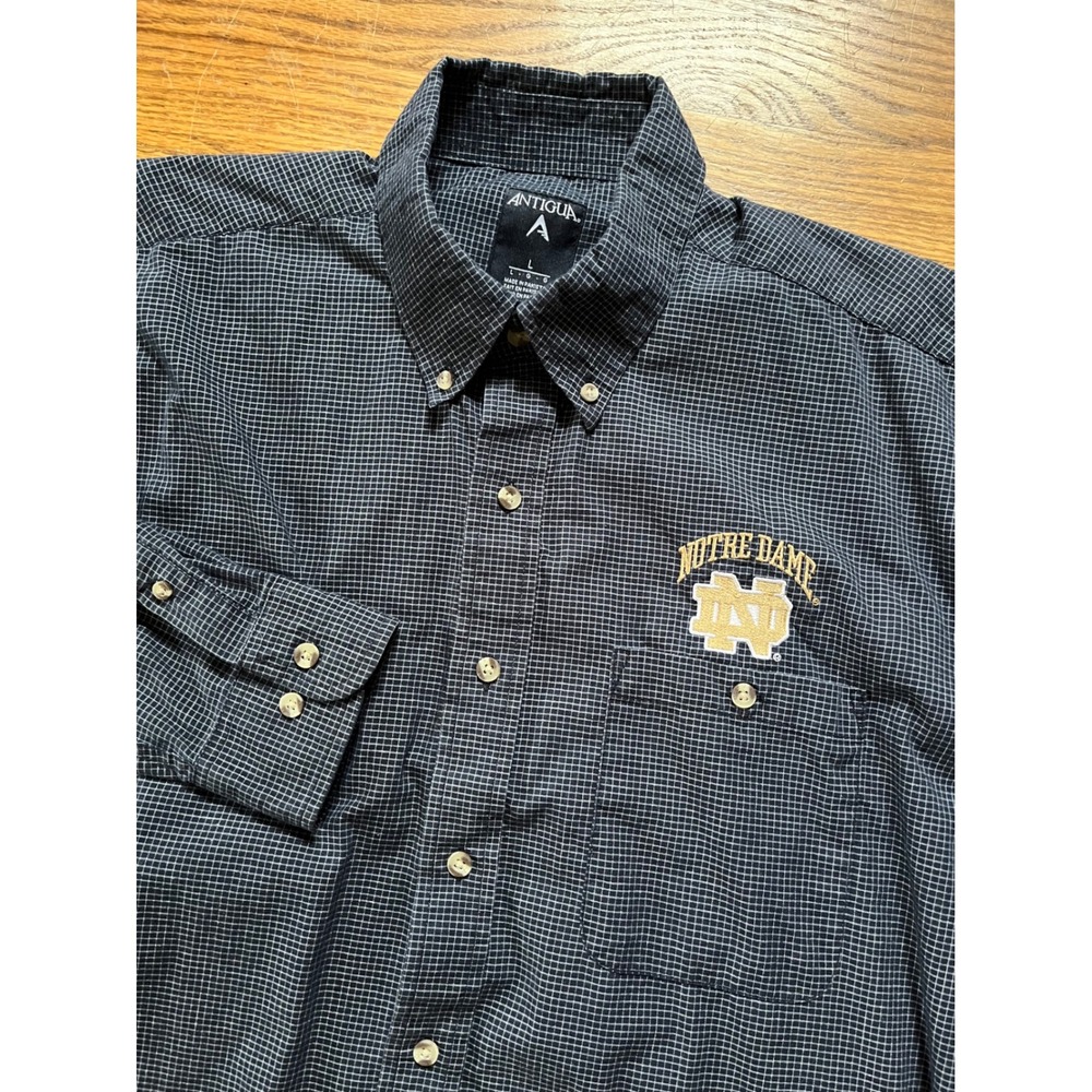 Antigua Notre Dame Fighting Irish Navy Grid Button Down Shirt Mens Large